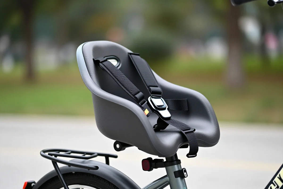 Nowoczesny fotelik rowerowy dla dzieci na elektrycznym rowerze, z cechami bezpieczeństwa.