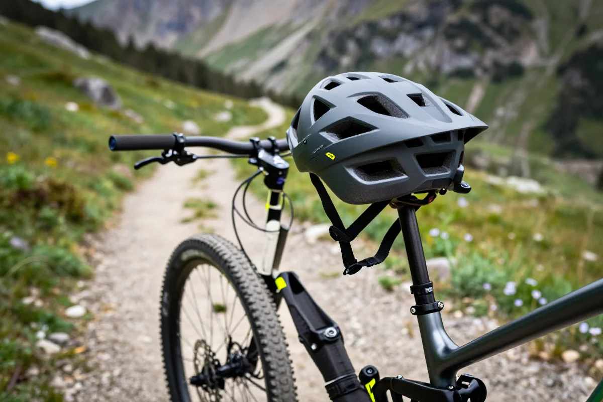 Zamocowany kask full-face na ramie roweru górskiego w malowniczym otoczeniu.