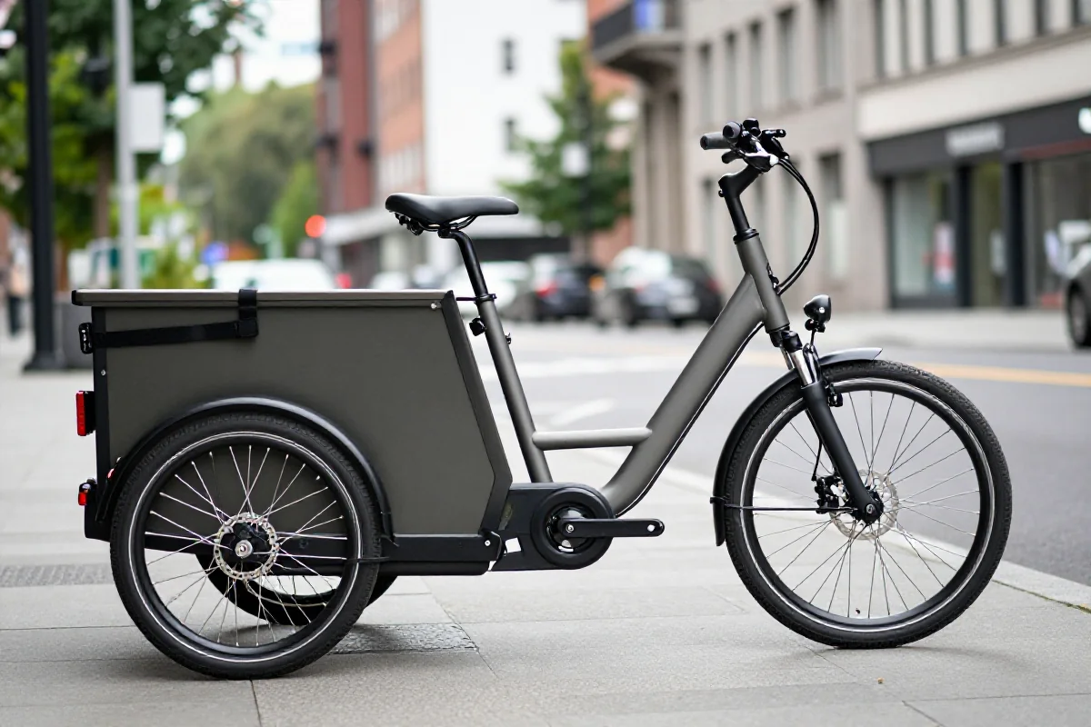 Nowoczesny rower cargo na tle ruchliwej ulicy miejskiej.