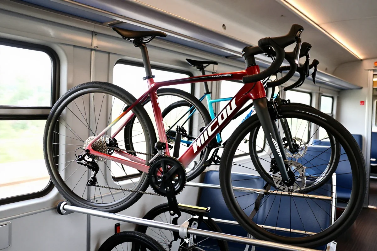 Wnętrze pociągu z przewożonymi rowerami, rowery w przedziale rowerowym.
