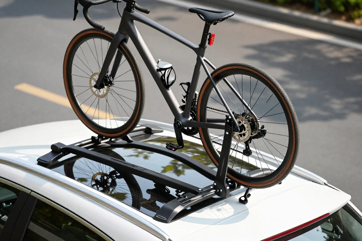 Bagażnik dachowy do przewozu roweru na samochodzie w słoneczny dzień.