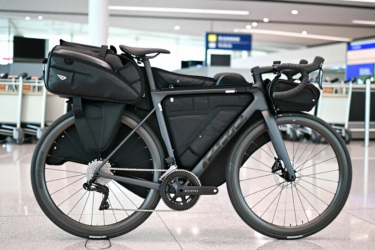 Torba i kuferek do transportu roweru w strefie odprawy na lotnisku.