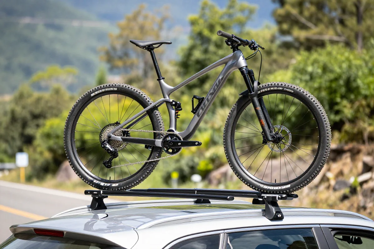 Transport roweru MTB na bagażniku dachowym samochodu w plenerze.