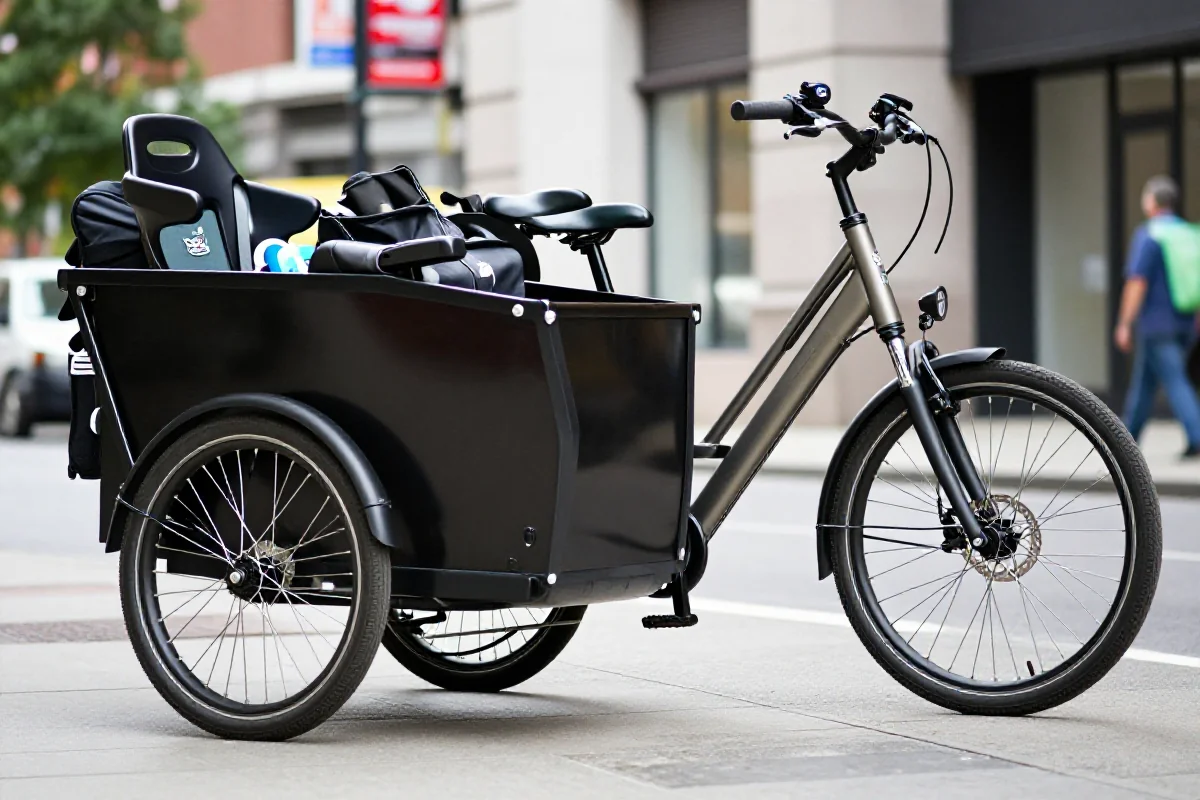 Rower cargo w miejskim otoczeniu, idealny do transportu towarów i pasażerów.