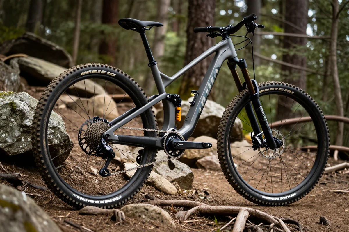 Rower enduro na trudnej trasie w lesie, idealny dla miłośników MTB.