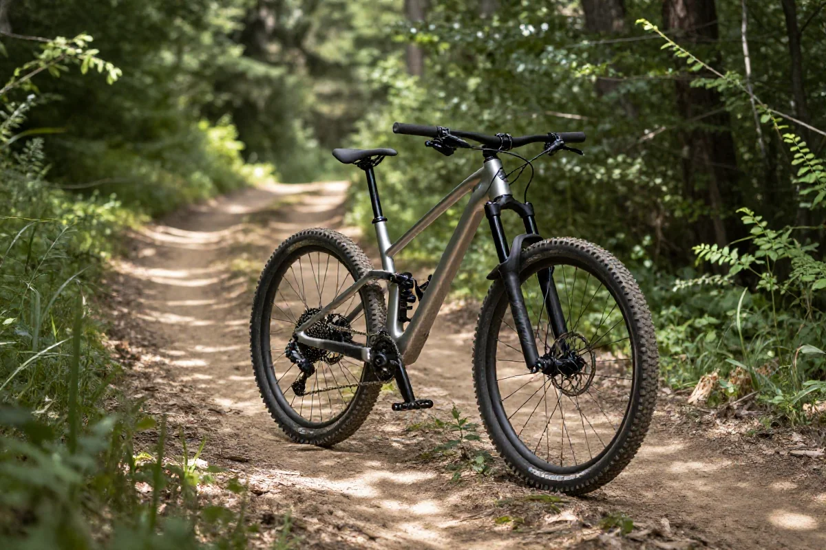 Rower górski na trasie MTB w Mazurach, otoczony zielenią i słońcem.