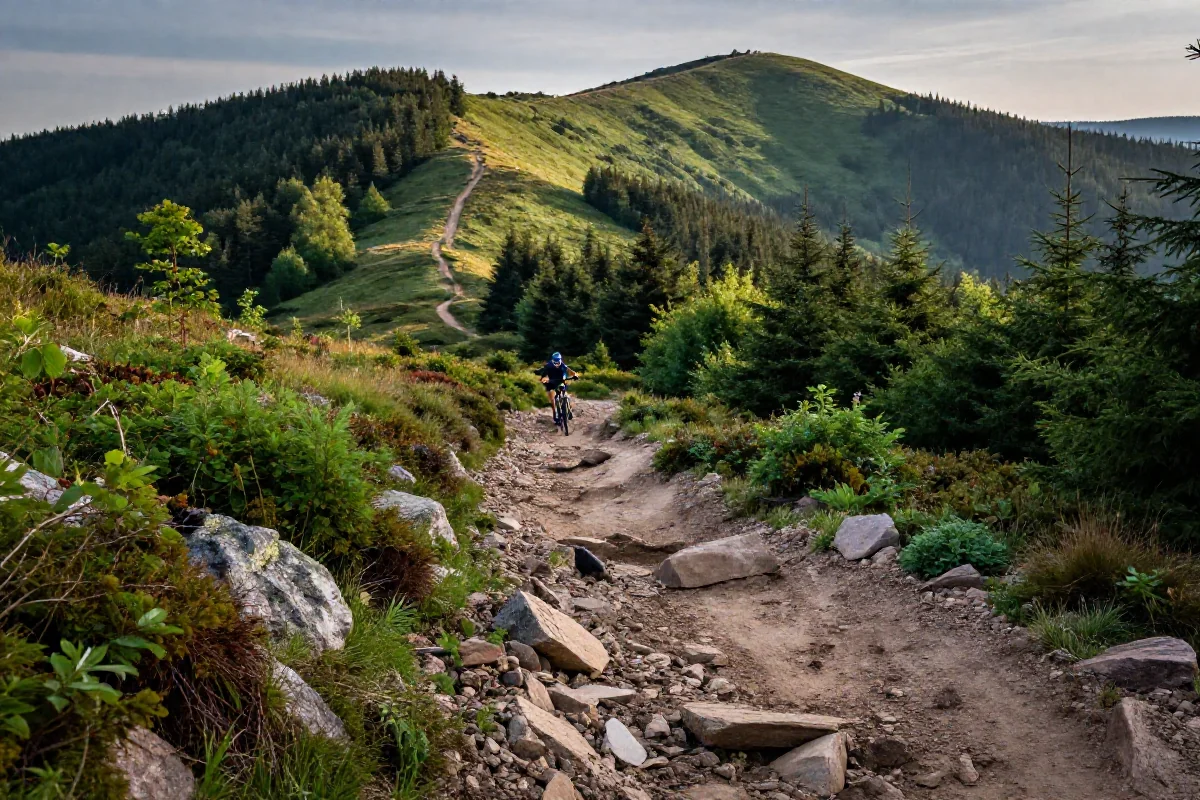 Szlak rowerowy MTB w Bieszczadach z gęstymi lasami i pagórkowatym terenem.