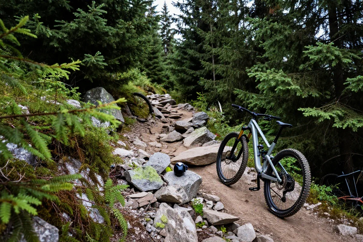 Malownicza trasa MTB w Sudetach z rowerem górskim na tle przyrody.