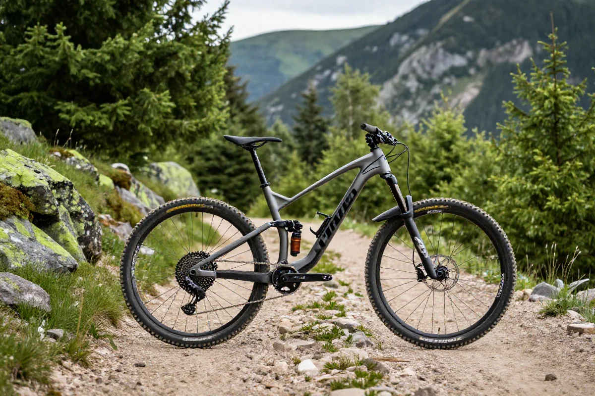 Rower górski na trasie MTB w Sudetach, otoczony zielenią i skałami.