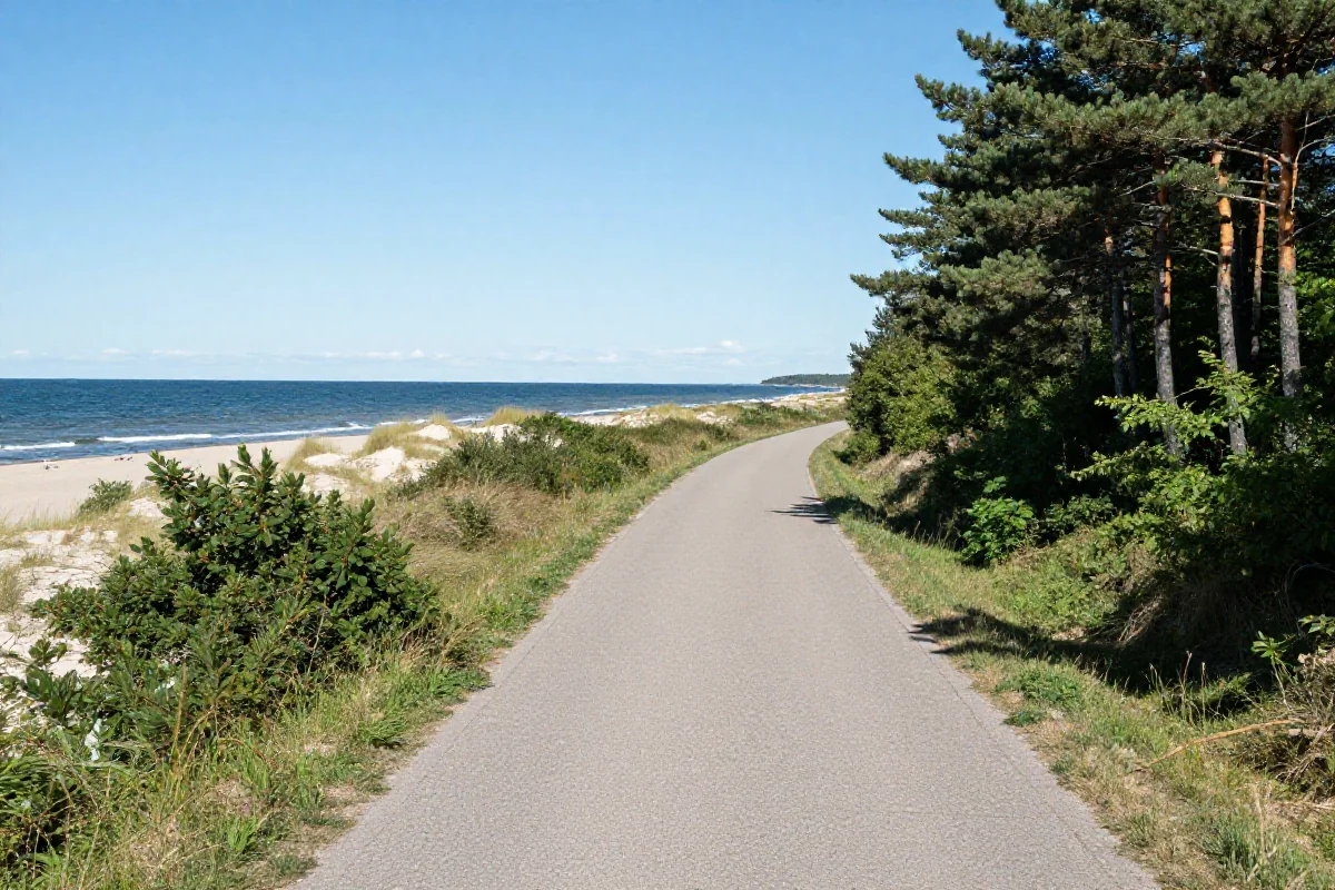 Trasa rowerowa nad Bałtykiem z widokiem na morze i lasy sosnowe.