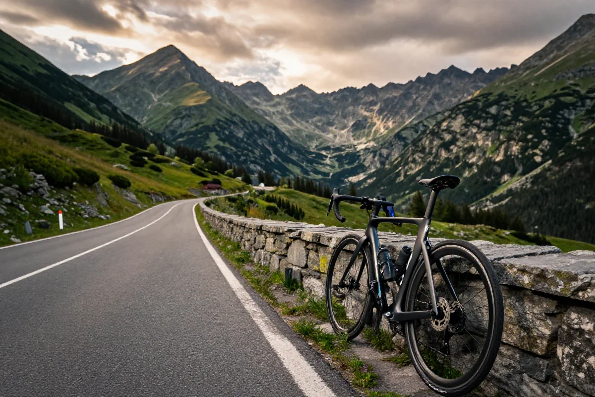 Widok na rower szosowy na górskiej trasie w Tatrach.