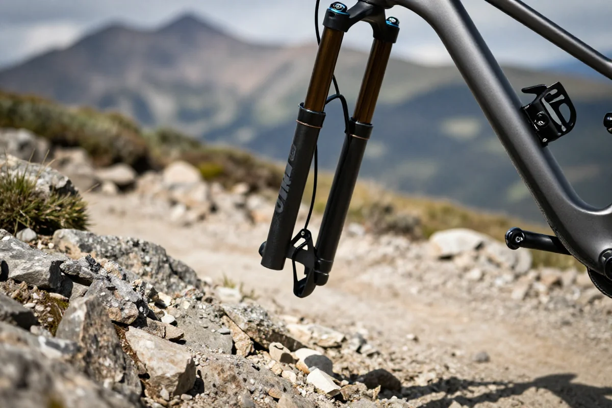 Widelce MTB z zakresem skoku 80-100 mm na szlaku górskim.