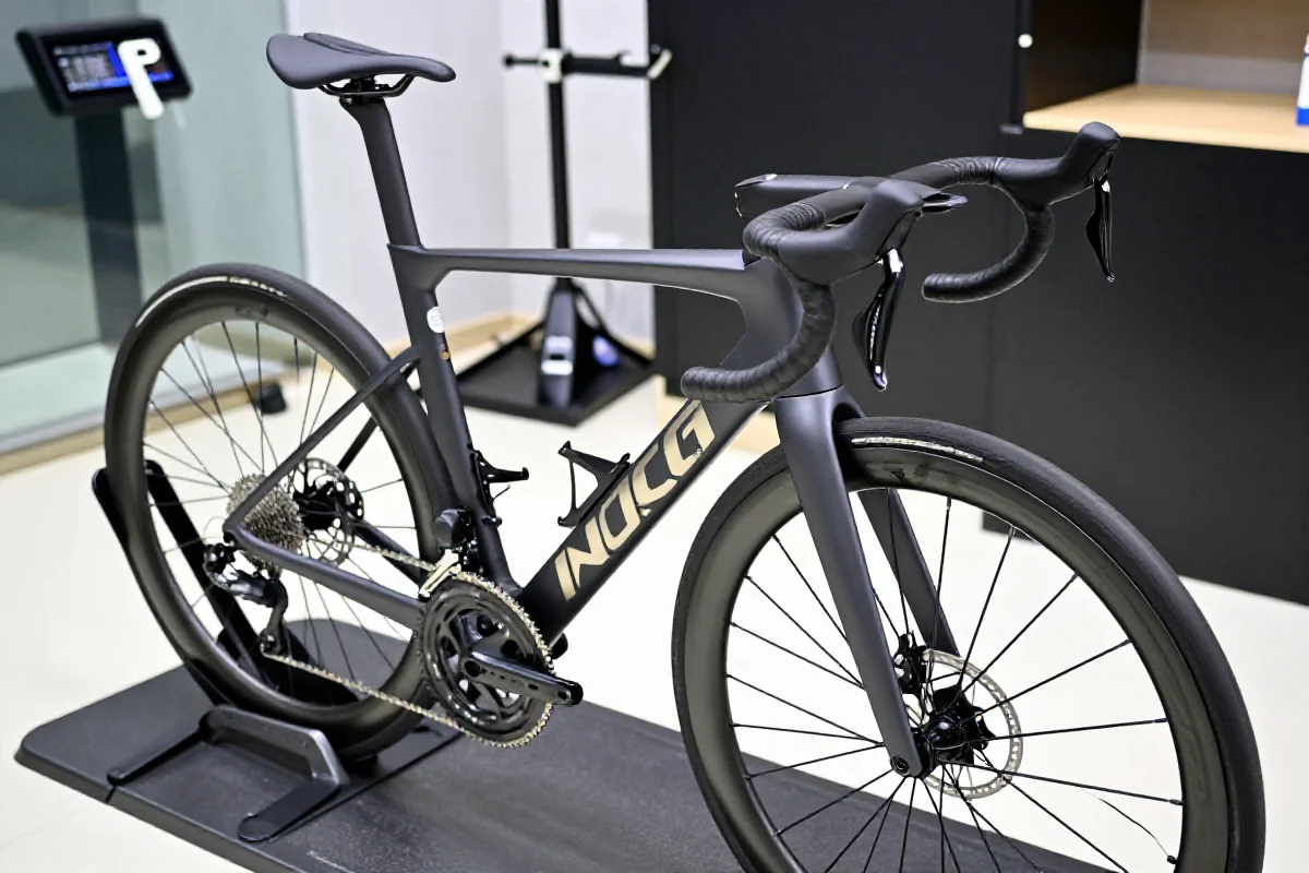 Szczegóły roweru szosowego na platformie do dopasowania, podkreślające ergonomię i biomechanikę.
