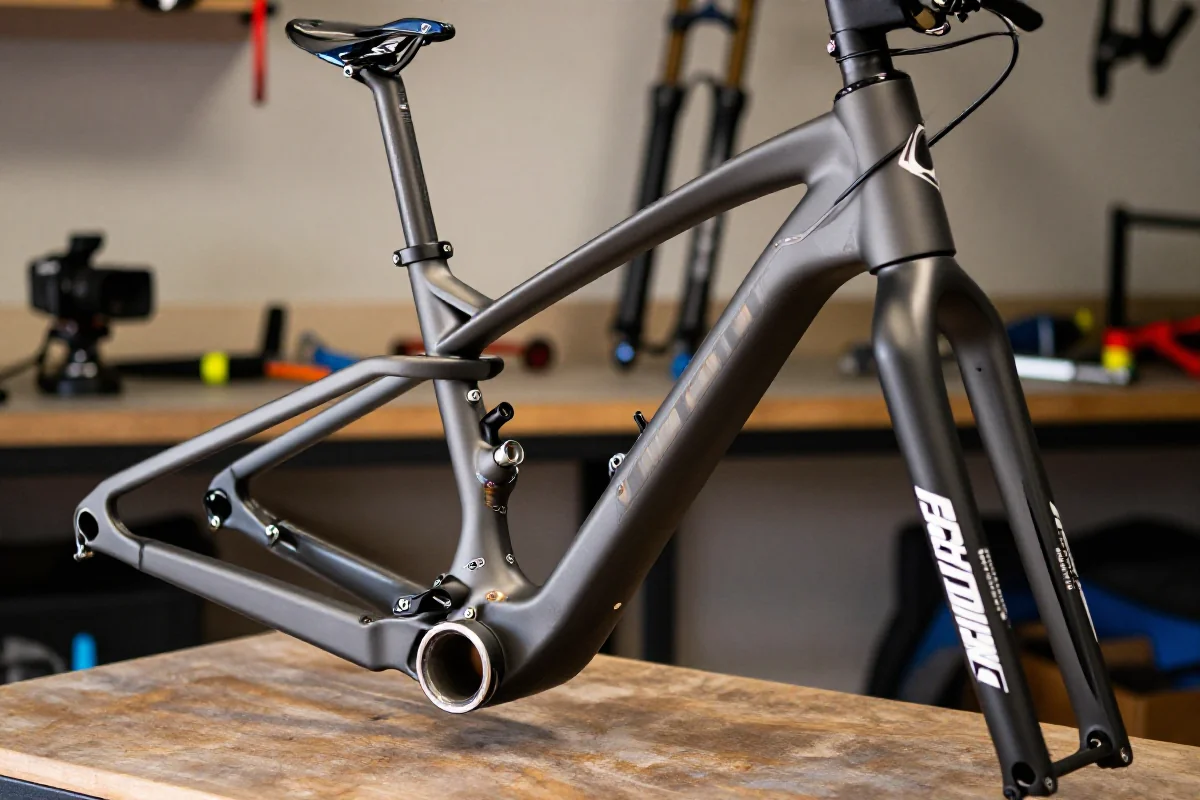 Szczegółowy widok ramy roweru górskiego w warsztacie, ukazujący geometrię.