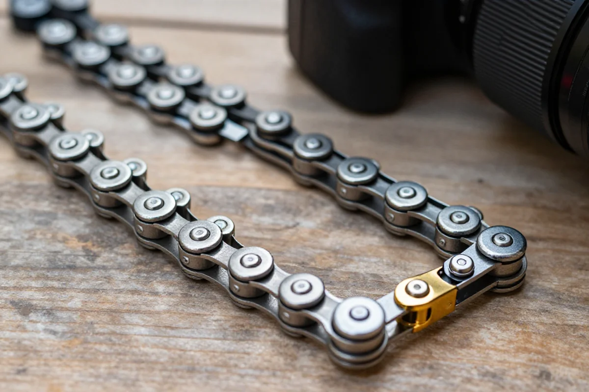 Porównanie łańcuchów rowerowych Trelock i Abus na drewnianej powierzchni.