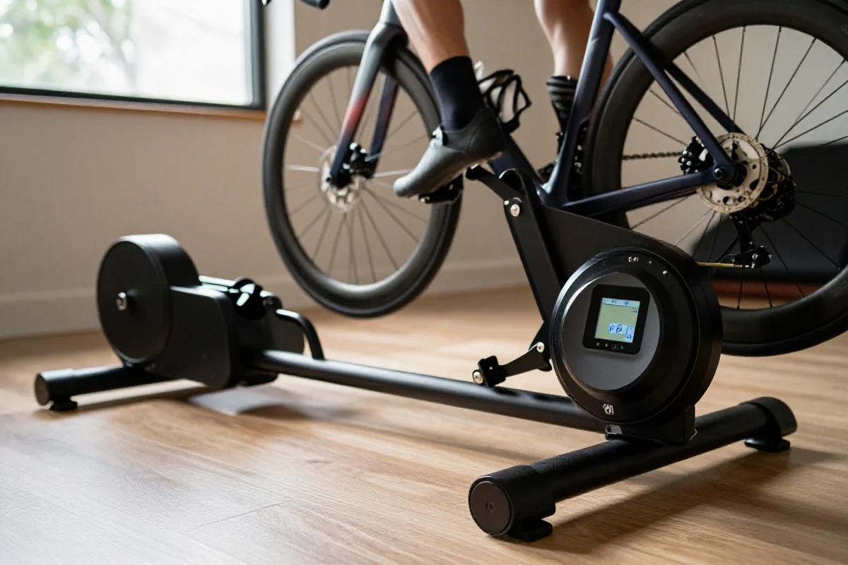 Trenażer smart i rolki do treningu kolarskiego w domowej siłowni.
