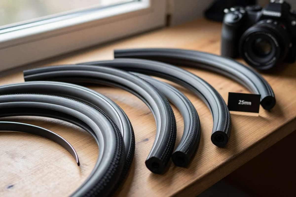 Wybór szerszych opon rowerowych 25mm, 28mm i 30mm na drewnianym blacie