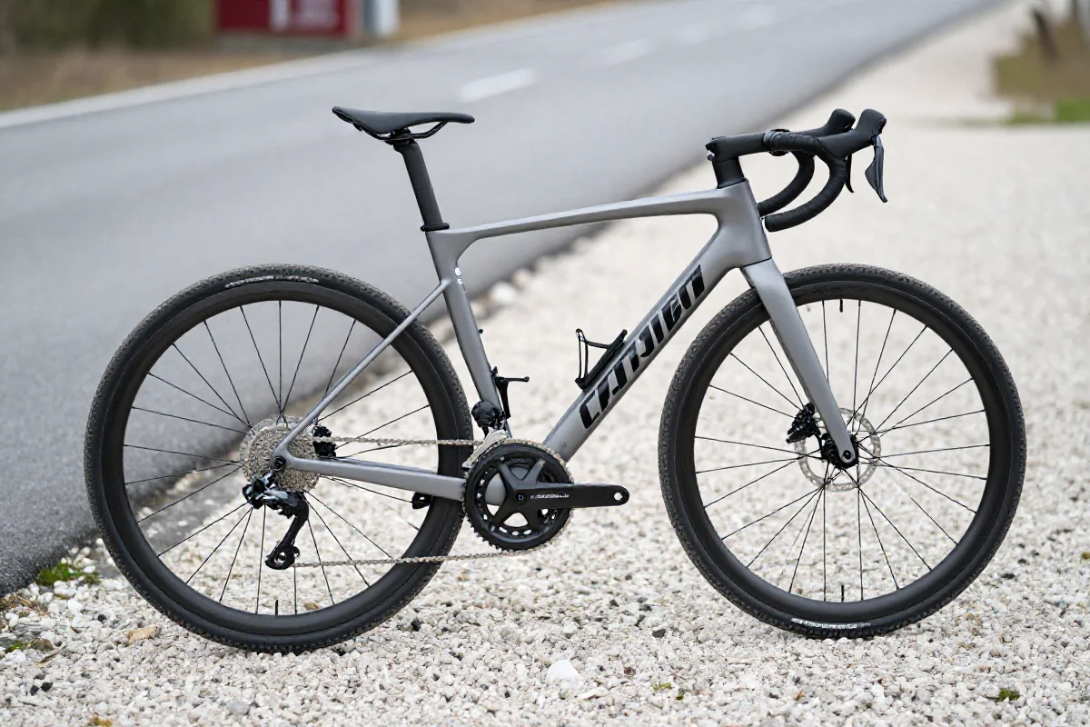 Nowoczesny rower all-road na tle asfaltu i szutru, ukazujący jego wszechstronność.