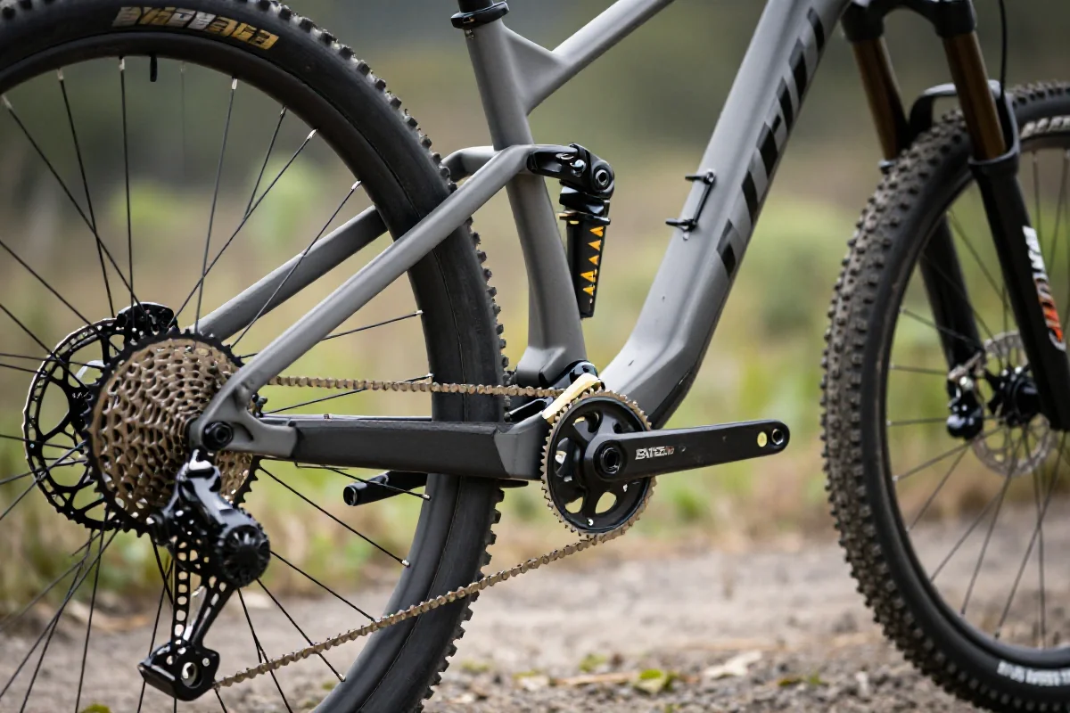 Zbliżenie na rower górski, ukazujące detale ramy i komponentów.