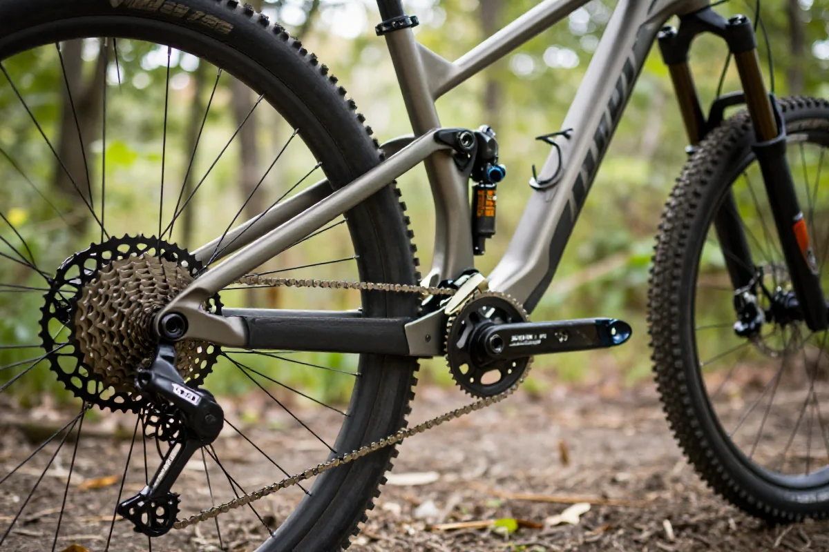 Szczegóły roweru górskiego z systemem przerzutek w naturalnym otoczeniu