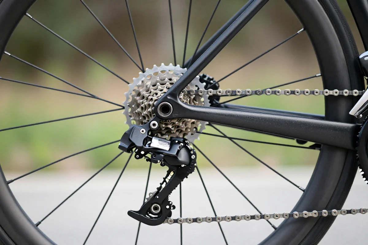 Szczegółowy widok systemu przerzutek roweru szosowego w naturalnym otoczeniu.