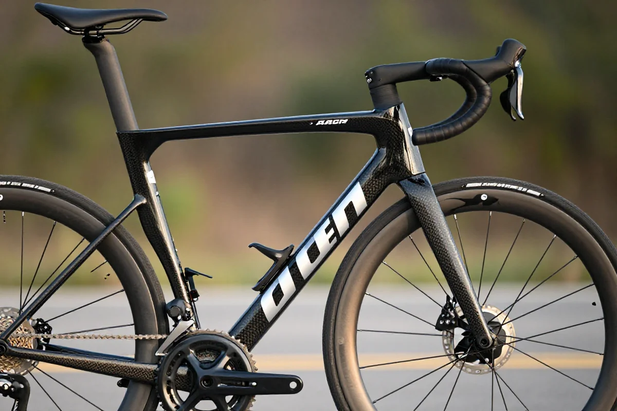 Szczegółowy widok na ramę roweru szosowego z elementami wydolnościowymi.