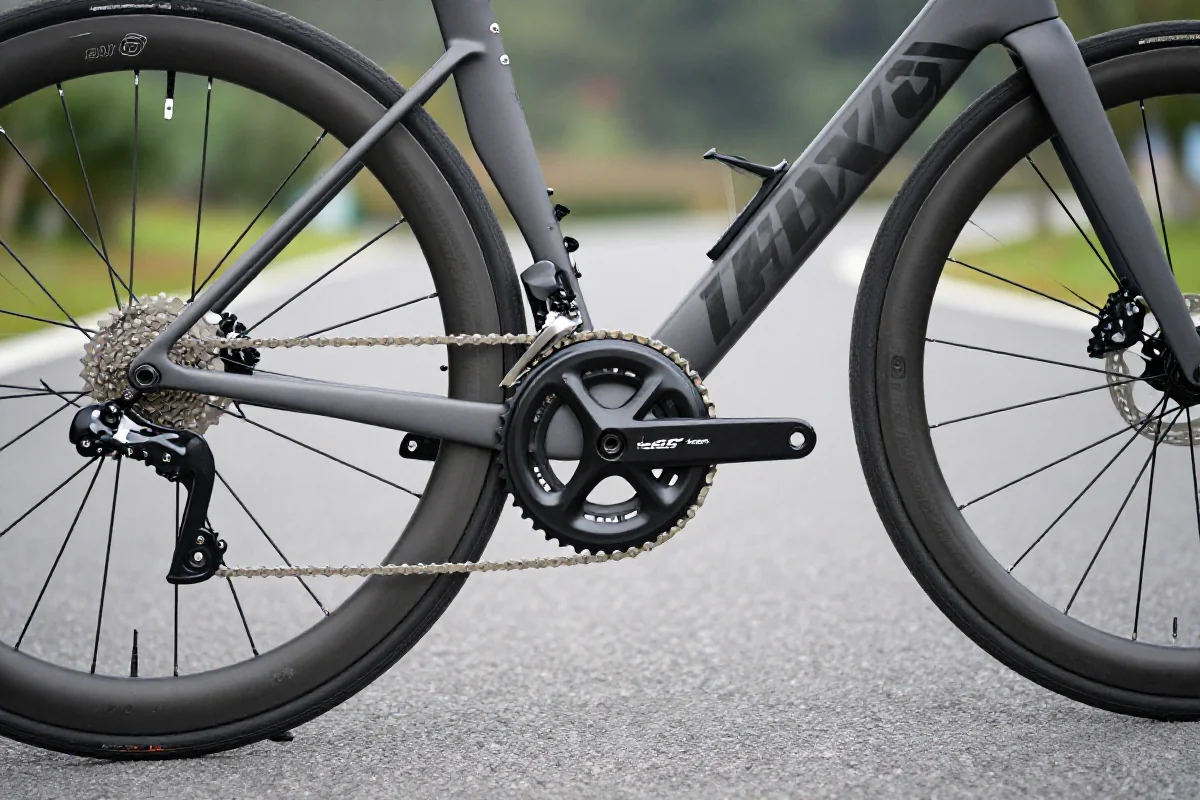 Szczegóły roweru szosowego z karbonową ramą i precyzyjnymi elementami.