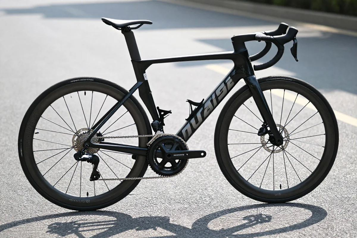 Rower szosowy na asfalcie, prezentujący mocy szczytowej w kolarstwie.