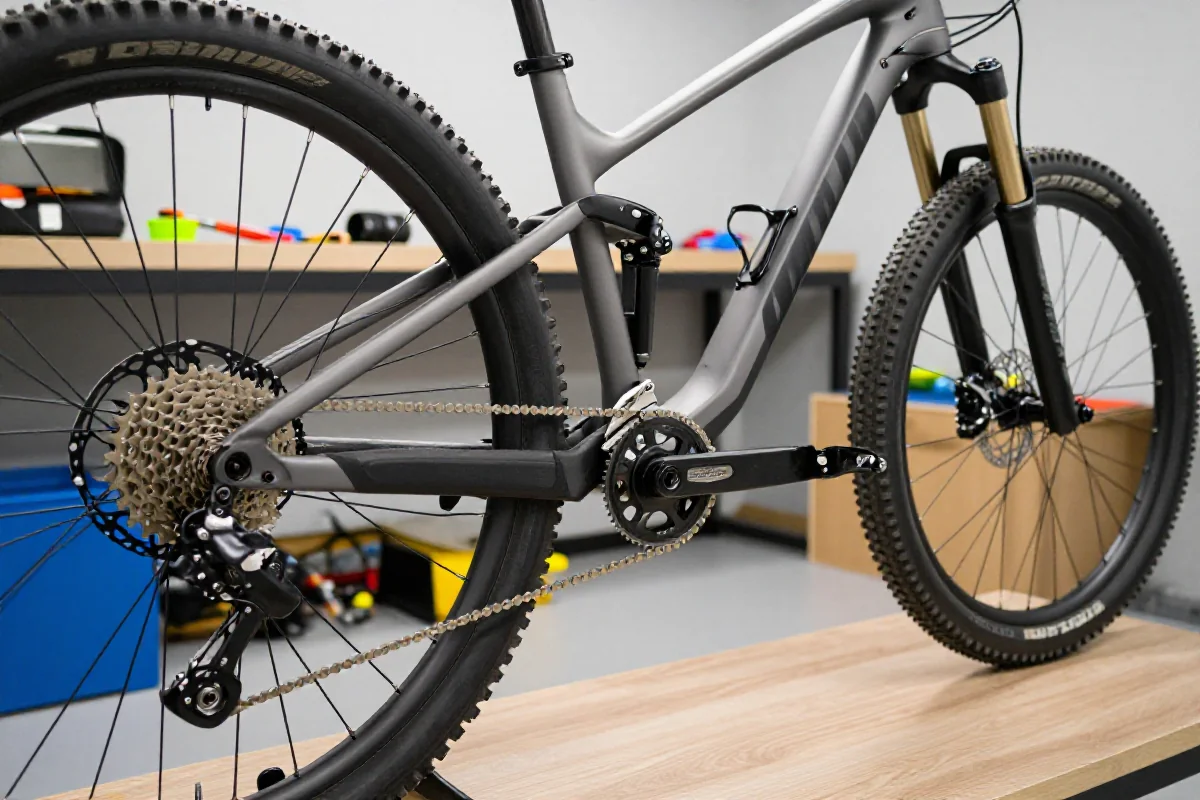 Zdjęcie górskiego roweru w warsztacie, z uwagą na techniczne szczegóły.