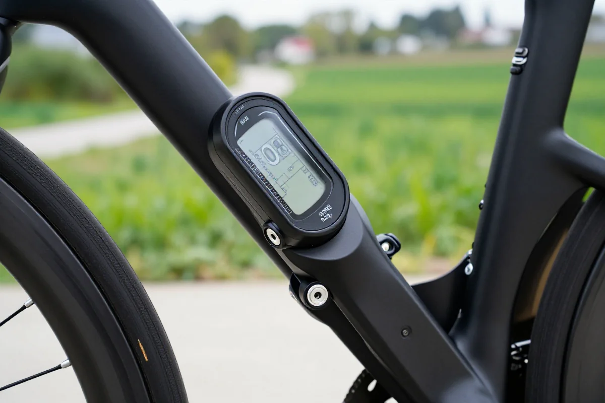 Detale miernika mocy zamontowanego na korbie roweru szosowego.
