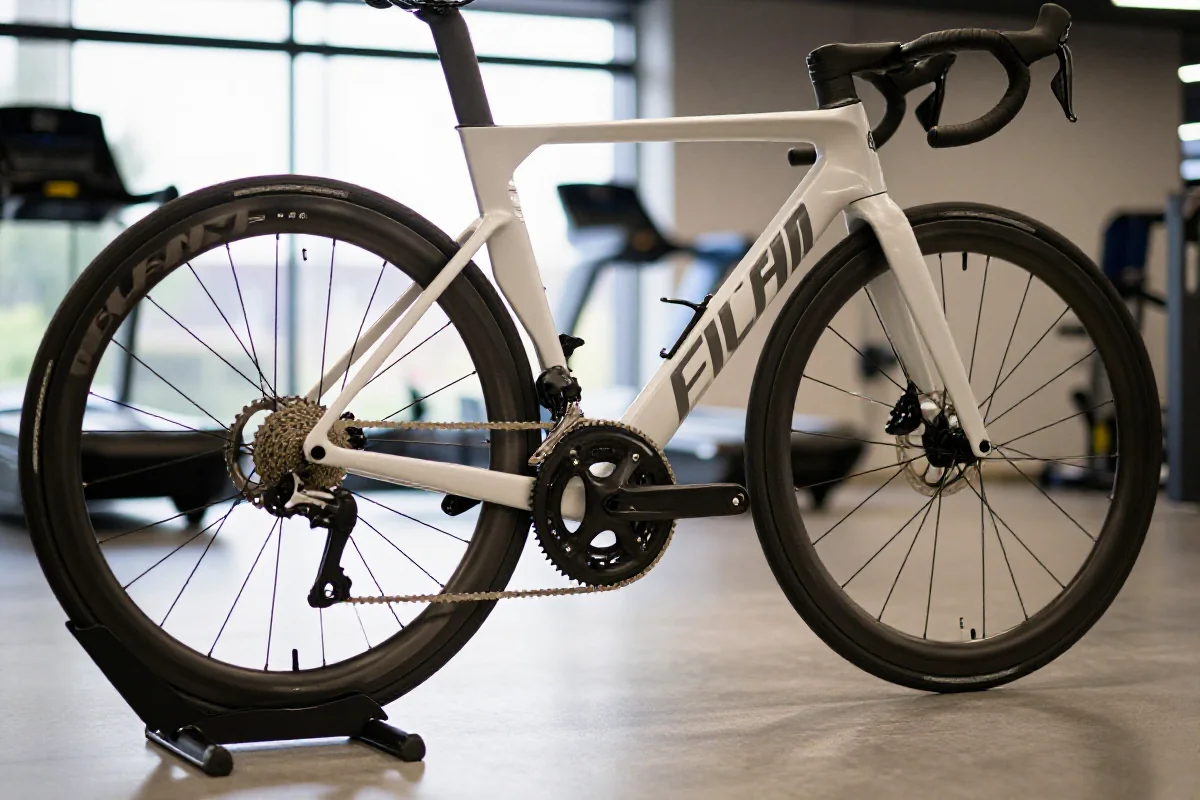 Wyścigowy rower szosowy na podłodze siłowni, pokazujący detale komponentów.