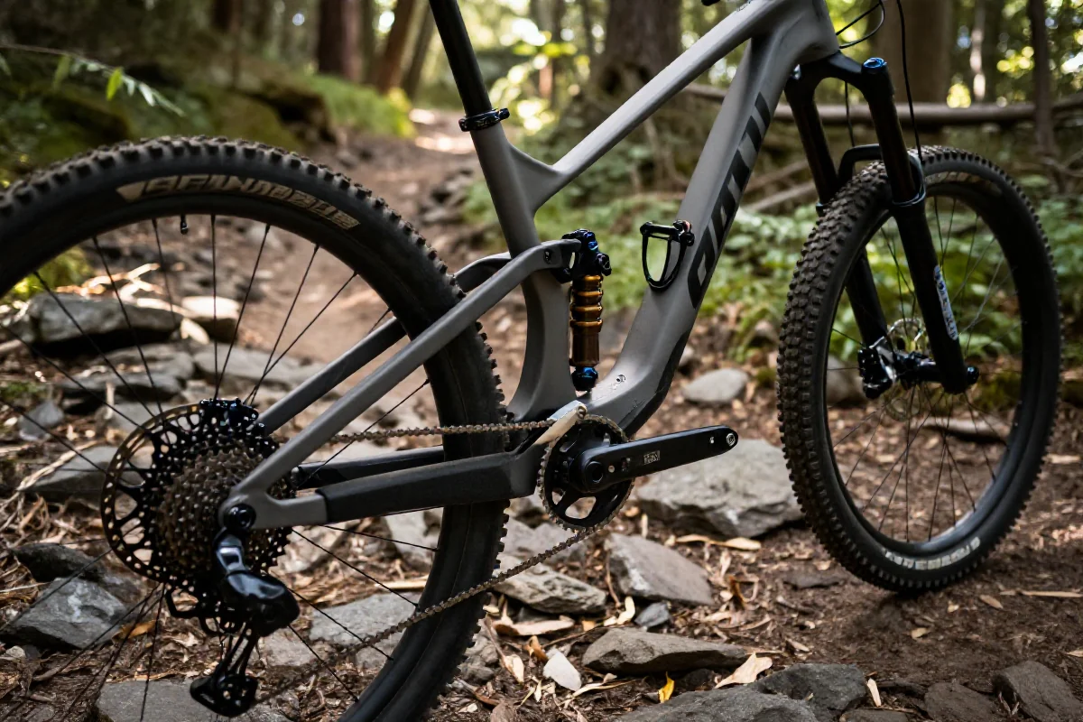 Zbliżenie na komponenty roweru górskiego na skalistej trasie w lesie.