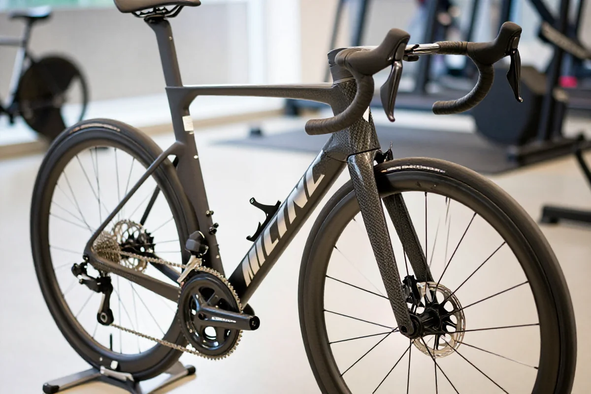 Szczegóły ramy roweru szosowego w naturalnym świetle, idealne dla treningu siłowego.