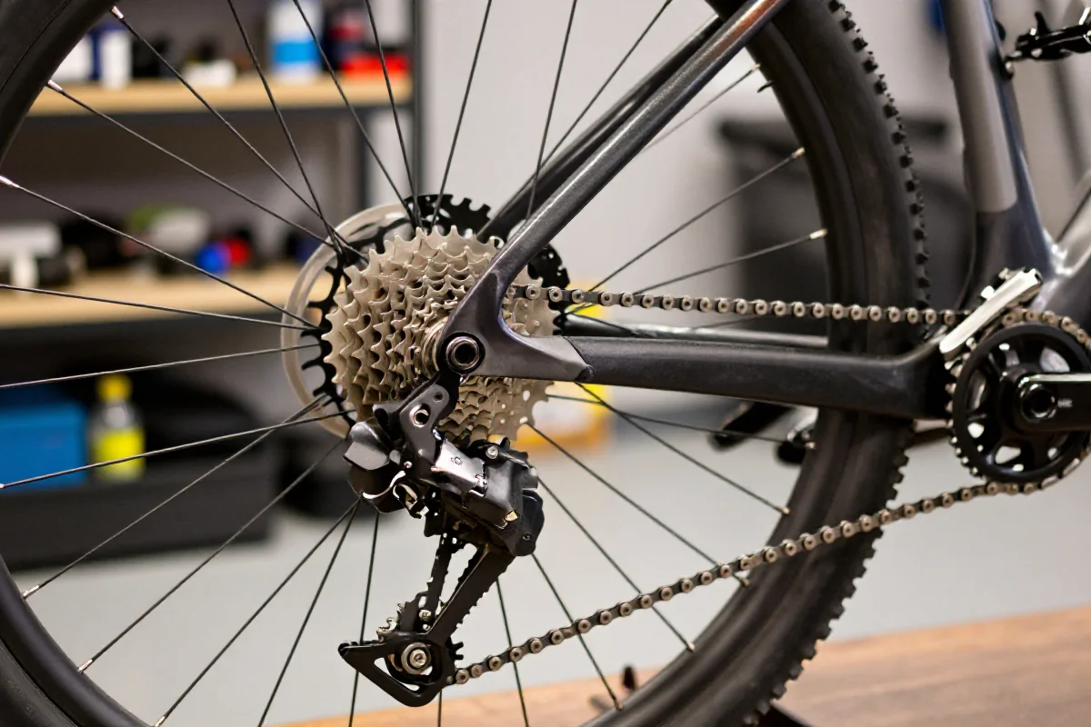 Serwisowanie roweru górskiego w warsztacie, detal napędu i komponentów.