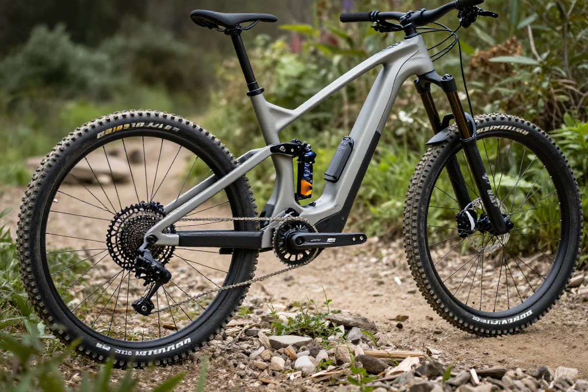 Nowoczesny rower elektryczny e-MTB na trudnym szlaku w terenie.