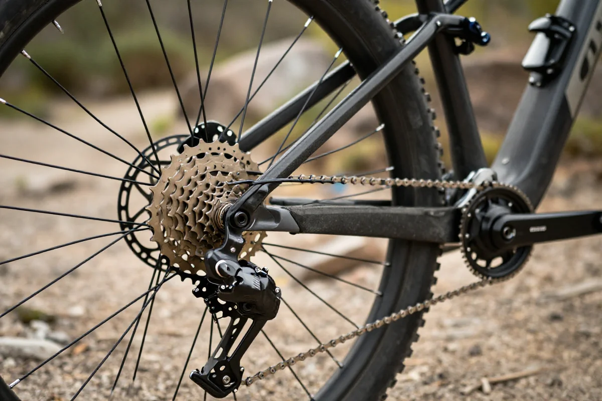Detale roweru górskiego: przerzutki, hamulce i rama w naturalnym otoczeniu.