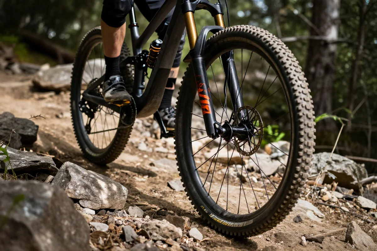 Zbliżenie na przednie koło roweru górskiego na kamienistej ścieżce