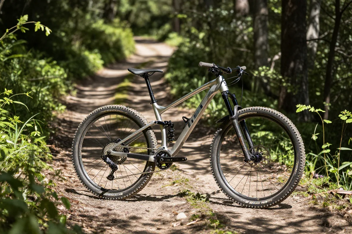Rower górski na leśnej trasie, idealny do treningu wytrzymałościowego.