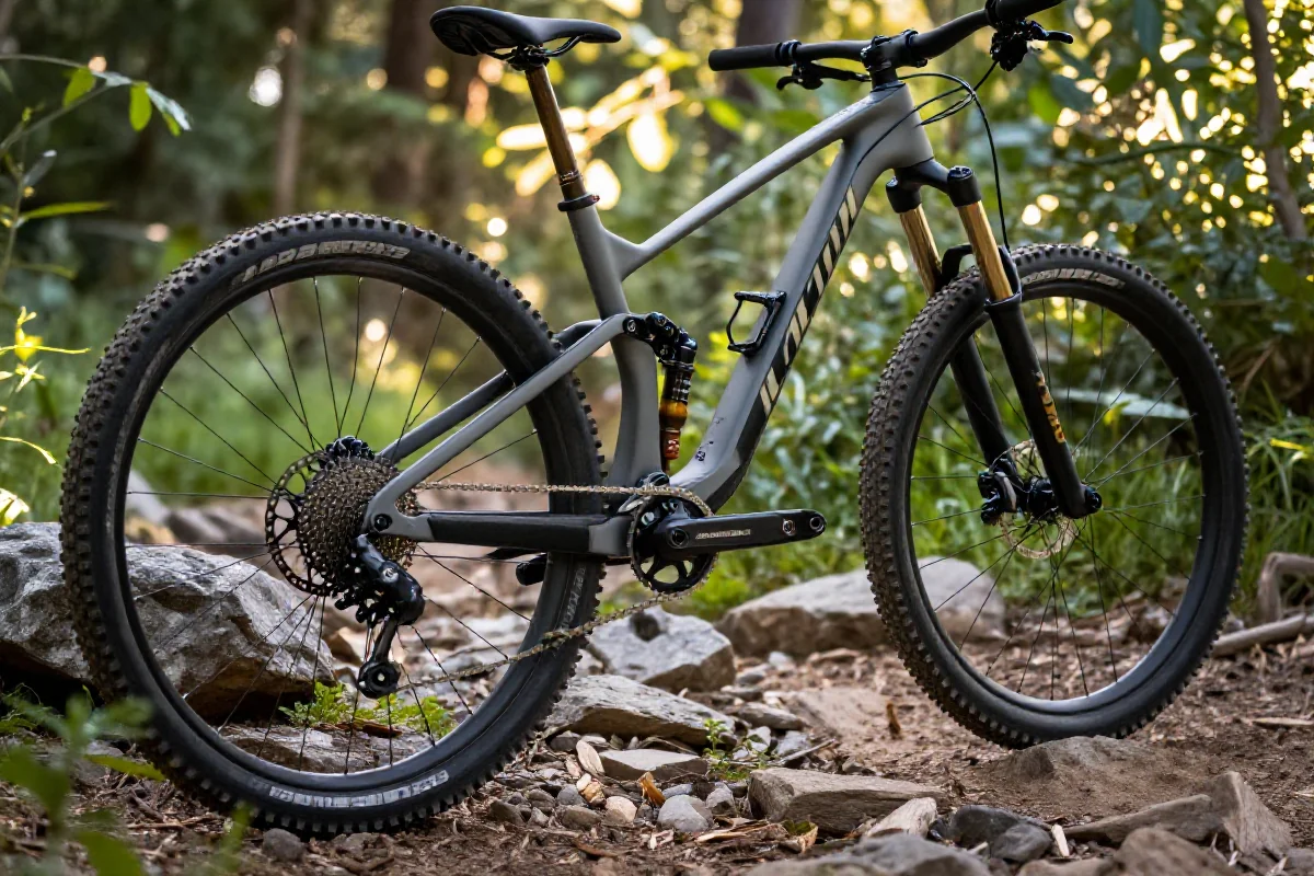 Rower górski na szlaku, podkreślający techniczne detale i wytrzymałość.