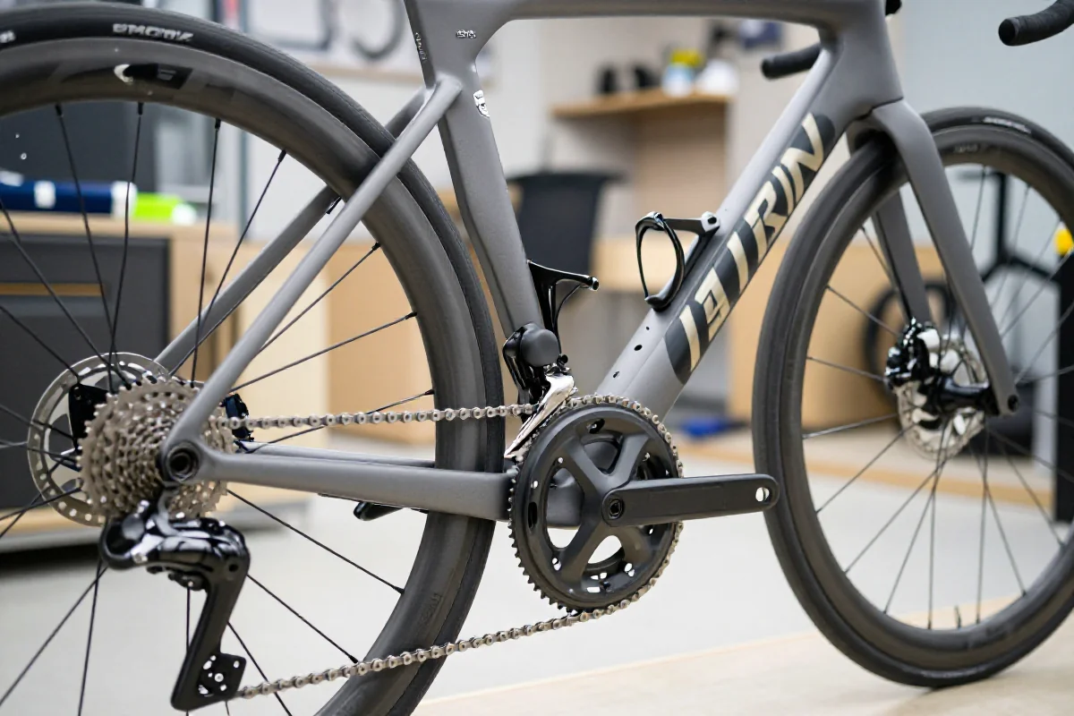 Szczegóły wysokiej jakości ramy roweru szosowego w warsztacie