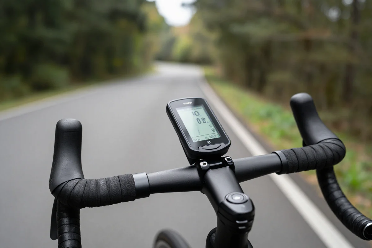 Monitor pracy serca na kierownicy roweru szosowego w plenerze.