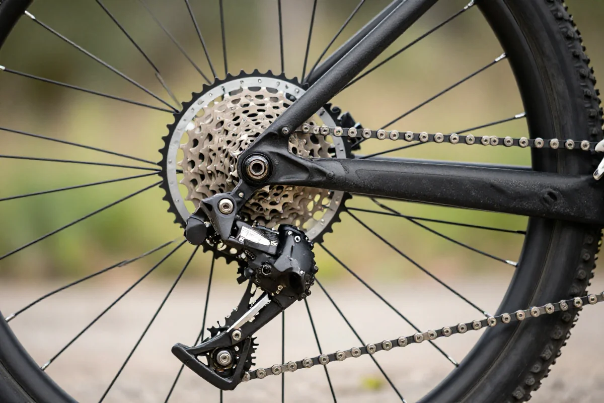 Szczegóły napędu roweru górskiego, w tym łańcuch i kaseta.