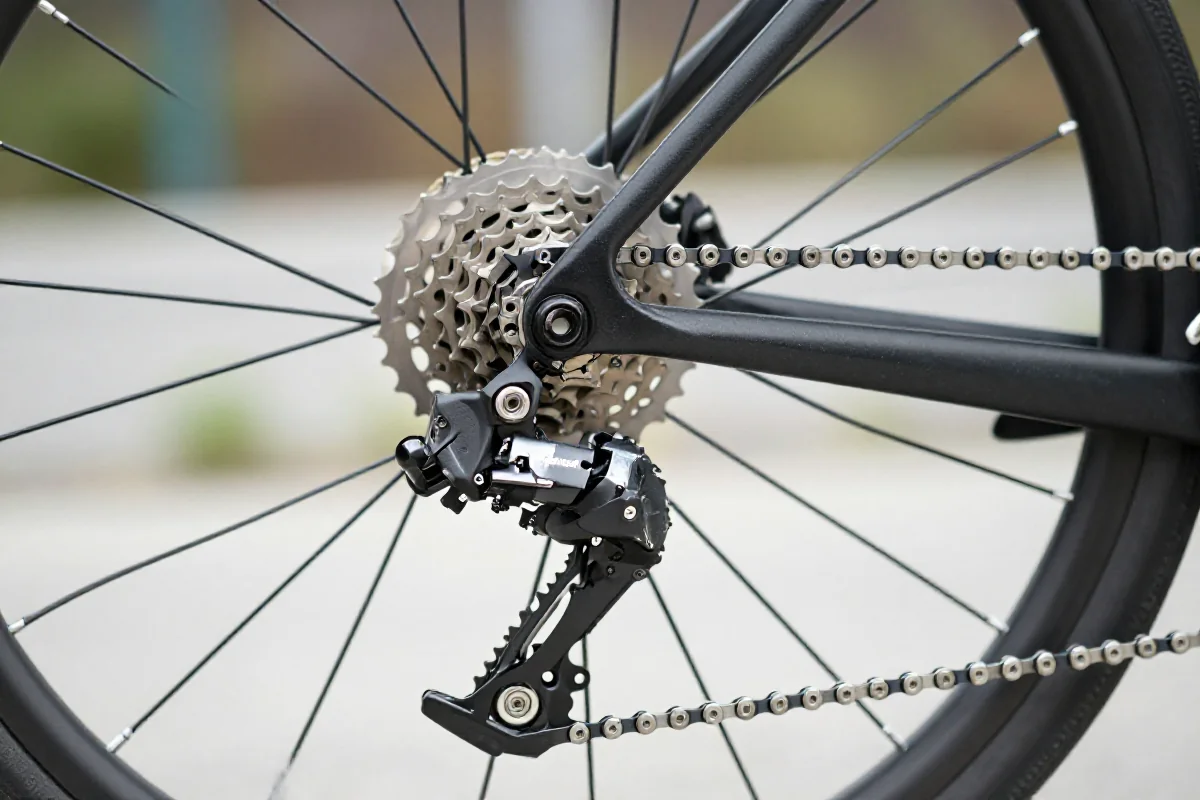 Zbliżenie na system przerzutek roweru szosowego, ukazujące detale komponentów.