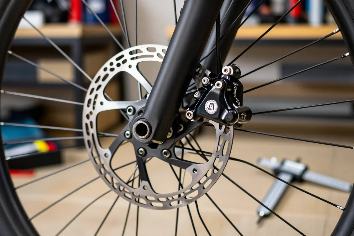 Szczegółowy widok układu hamulcowego w rowerze górskim, ważny element serwisu MTB.