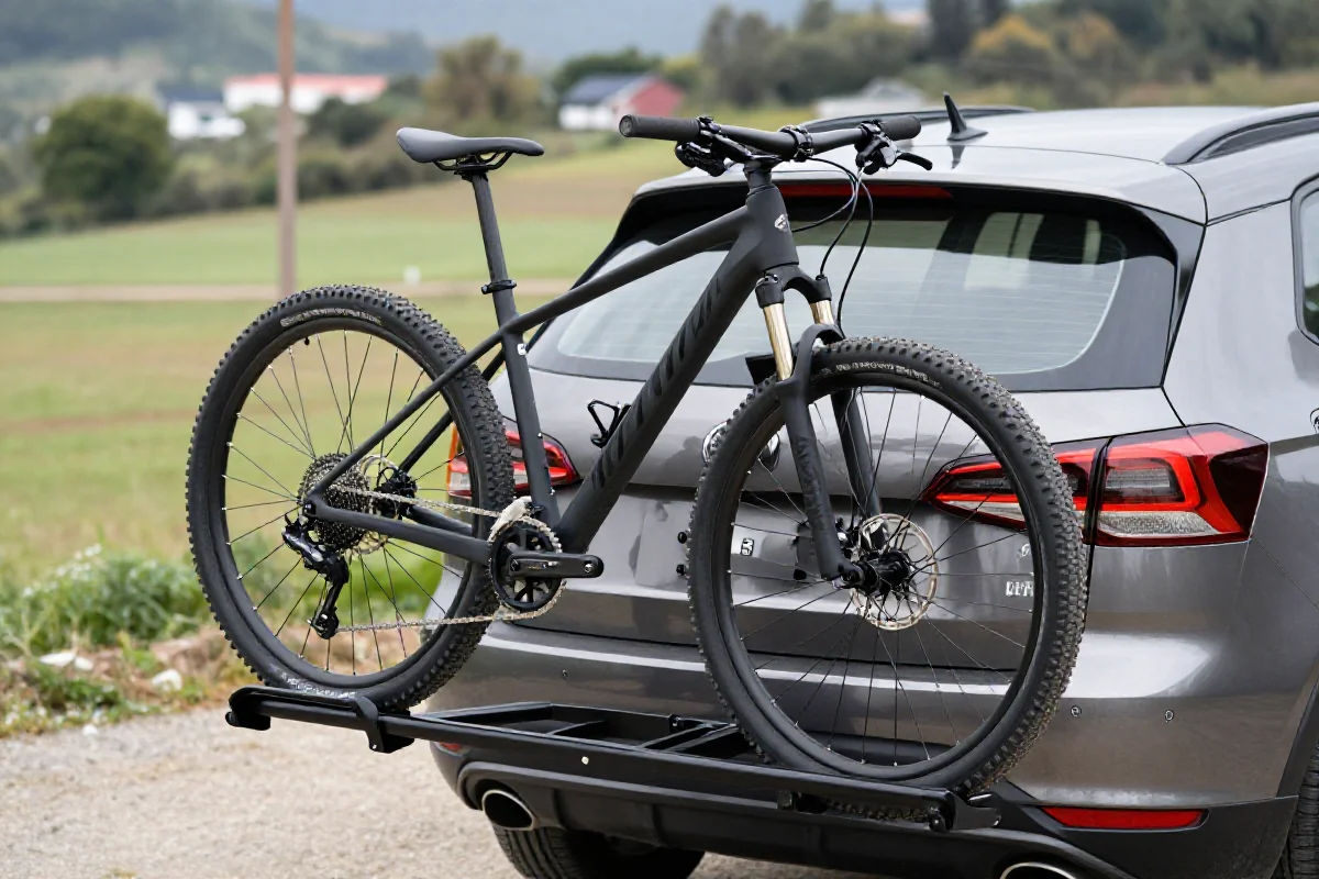 Bagażnik rowerowy na klapie z dwoma rowerami MTB na tle natury.