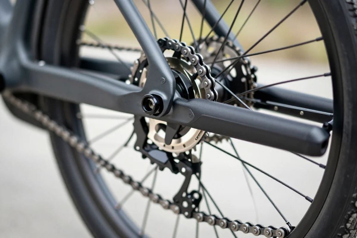 Zbliżenie na trwały łańcuch roweru elektrycznego, podkreślający jego jakość.