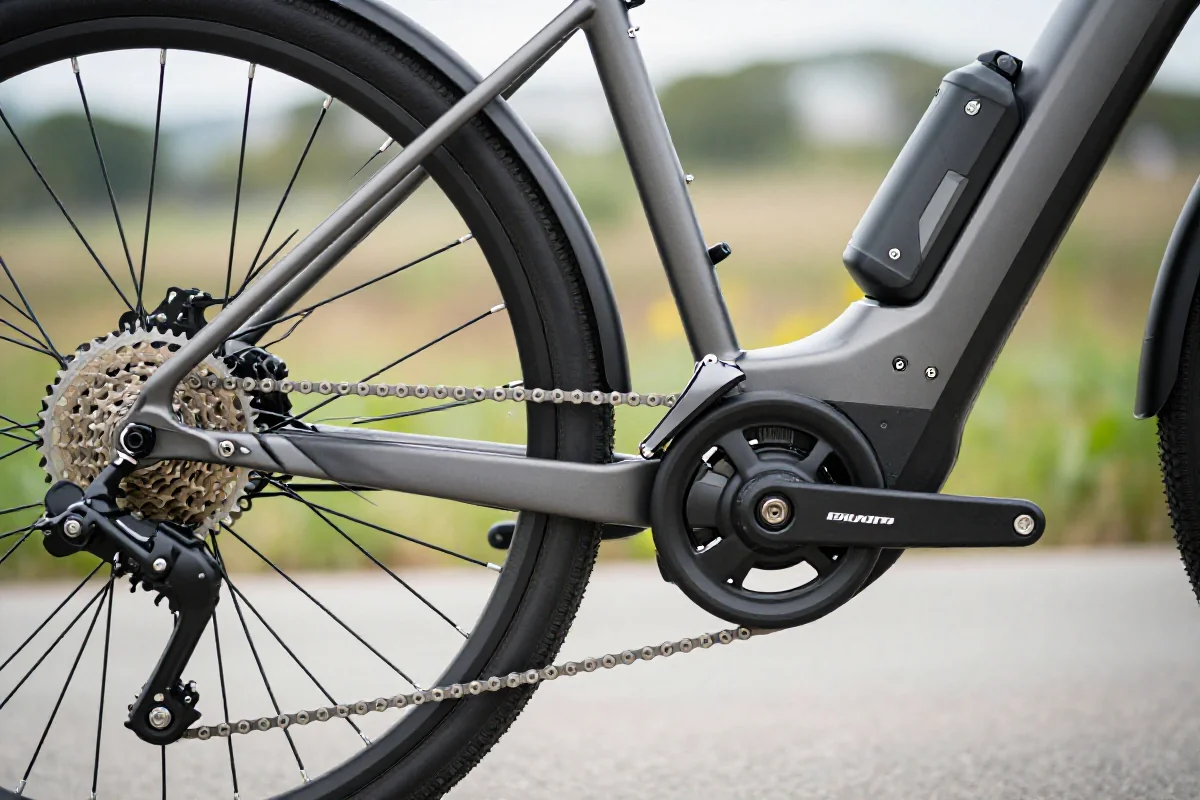 Zbliżenie na napęd roweru elektrycznego, prezentujące mechanizmy i detale technologiczne.