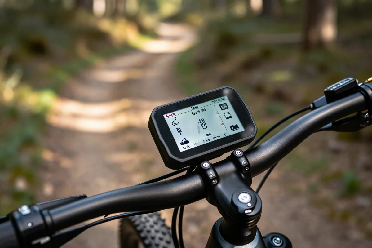 Zbliżenie na wyświetlacz roweru elektrycznego z trybami wspomagania.