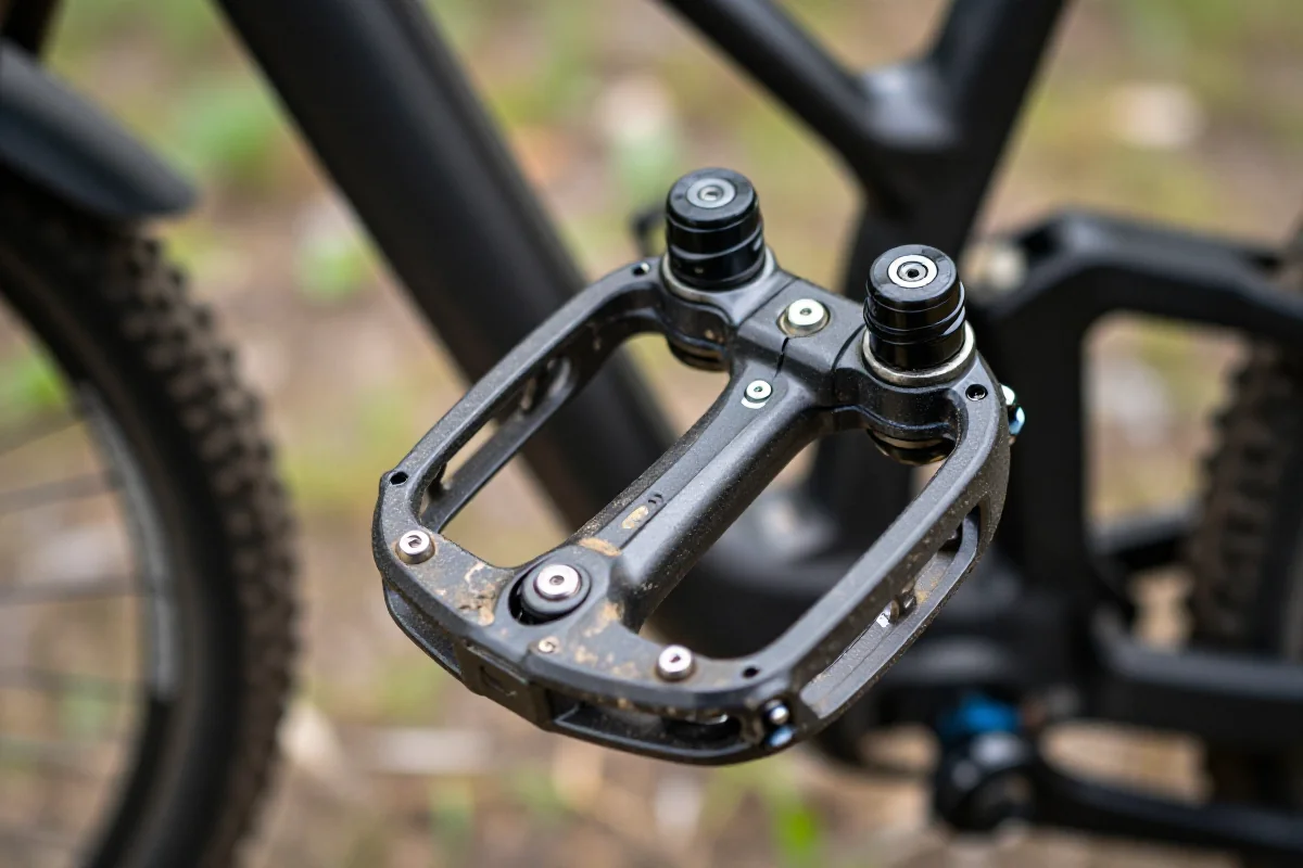 Szczegółowy widok pedału roweru górskiego z widocznymi oznakami zużycia.