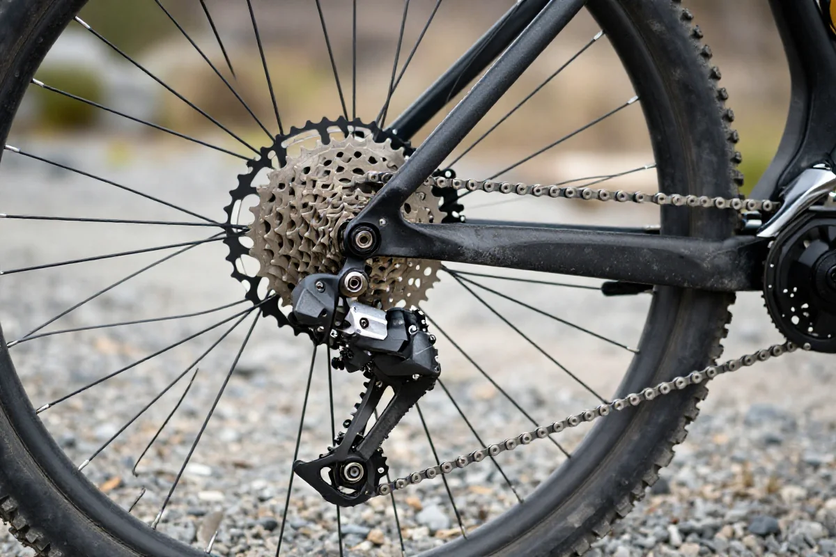 Zbliżenie na napęd roweru górskiego z widocznymi detalami komponentów.